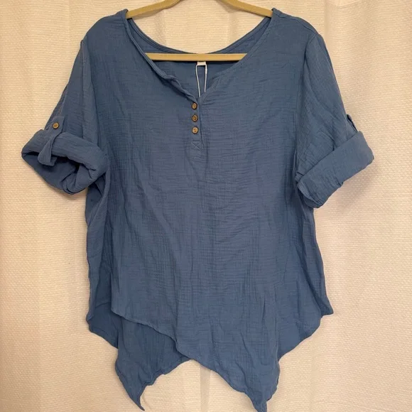 Blue half sleeve or button up sleeve asymmetric hemline top, boho, casual, comfy - Picture 6 of 9